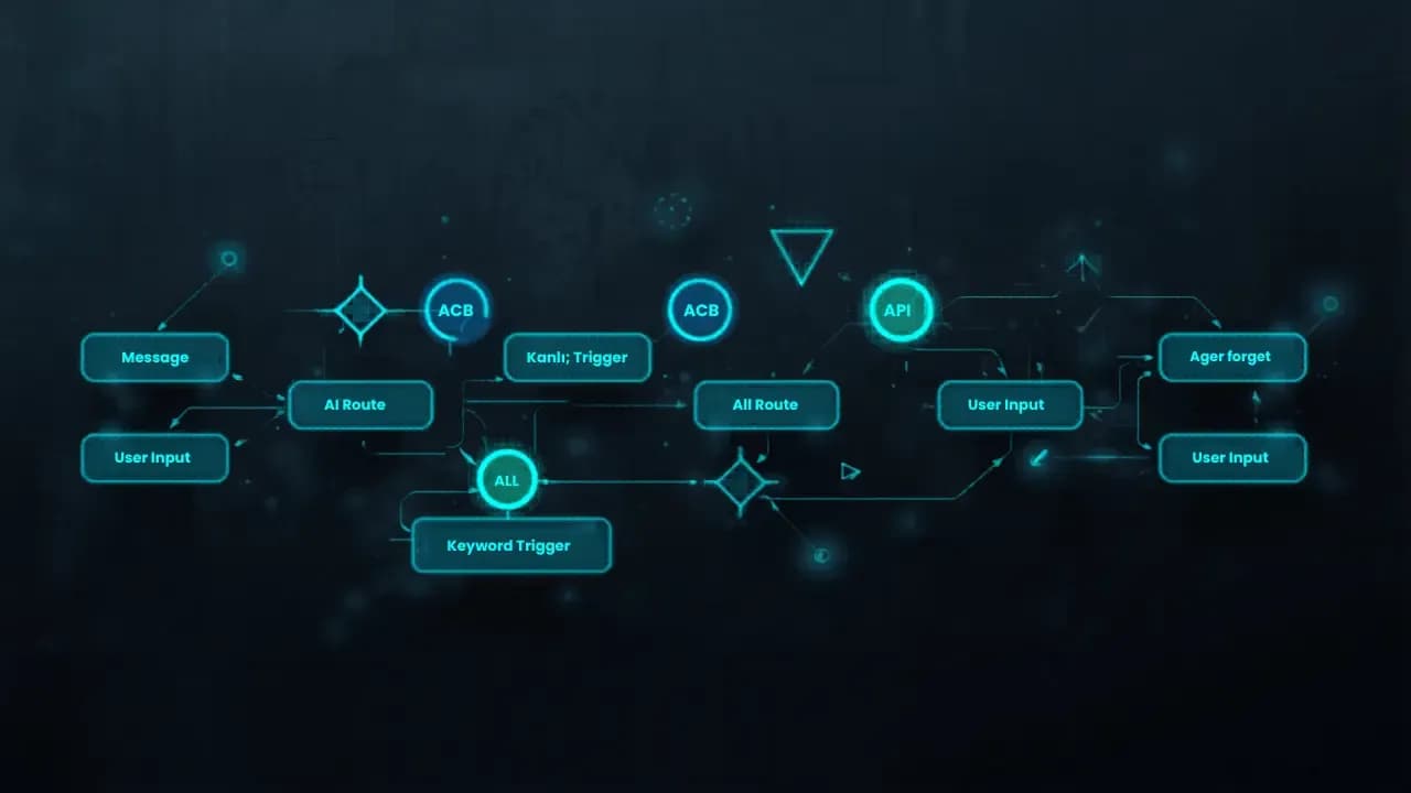 WhatsApp chatbot flow builder showing decision trees and automated response sequences